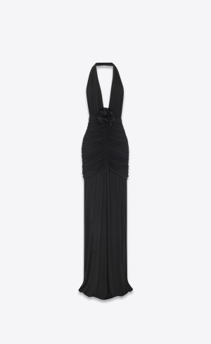 YSL Long Halterneck Dress In Crepe Jersey Black | OPLUK8520