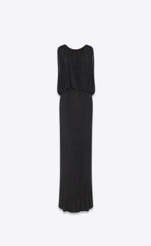 YSL Long Sleeveless Dress In Shiny Jersey Black | AGYNI8956