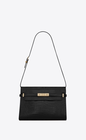 YSL Manhattan Shoulder Bag In Crocodile-embossed Shiny Leather Black | DYSCW7650