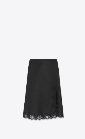 YSL Midi Skirt In Crepe Satin And Lace Black | CKYIW5014