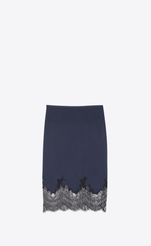 YSL Midi Skirt In Crepe Satin And Lace Navy | PTWKR3469