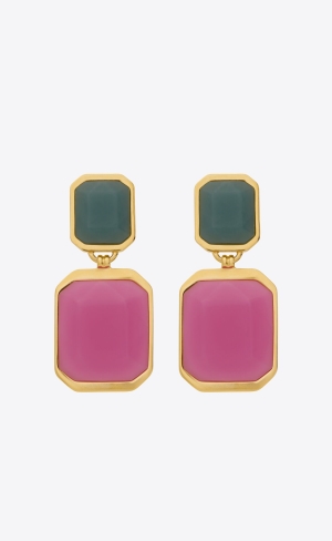 YSL Octagon Earrings In Metal And Resin Gold, Icy Sky Blue And Icy Fuchsia | DECFB9218