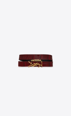 YSL Opyum Double Wrap Bracelet In Crocodile-embossed Leather And Metal Dark Red And Antique Gold | QJVTI7480