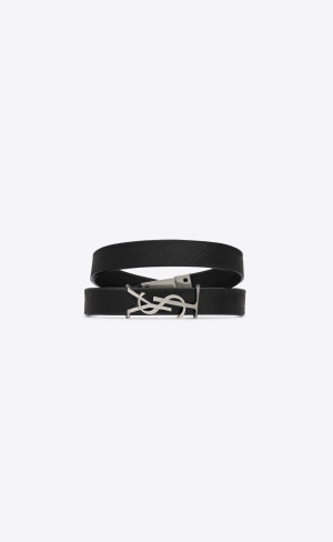 YSL Opyum Double Wrap Bracelet In Leather And Metal Black | XPQAN1063