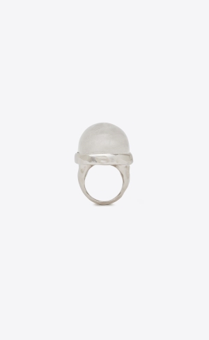 YSL Oversize Cabochon Ring In Metal And Quartz Oxidized Silver And Crystal | JPZEW2351