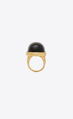 YSL Oversize Cabochon Ring In Metal And Onyx Aged Brass Gold And Black | TFZIJ3869