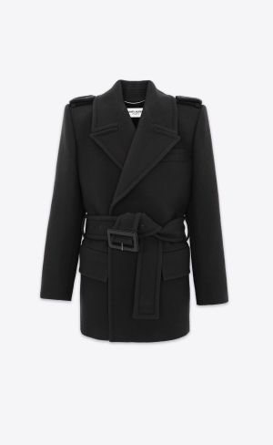 YSL Oversize Shoulder Coat In Wool Felt Noir Brillant | GUYPJ4207