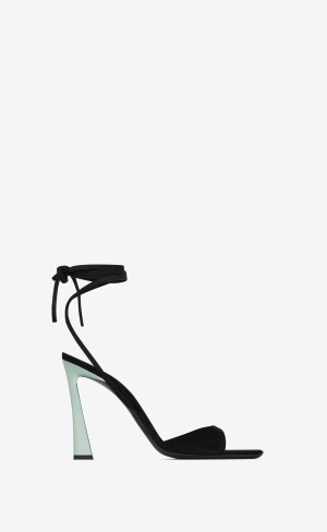 YSL Paz Sandals In Suede And Metallized Leather Black And Hope Green | LUHFG5936