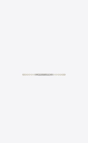 YSL Pearl Id Tag Bracelet In Metal Palladium And Cream | YIORP3759