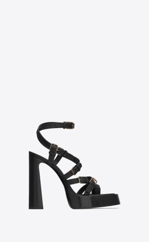 YSL Platz Platform Sandals In Smooth Leather Black | QXJNS6102