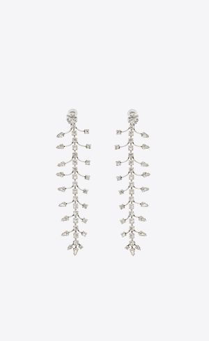 YSL Rhinestone Fish Bone Drop Earrings In Metal Oxidized Silver | USMYL0943