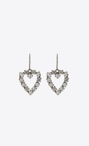 YSL Rhinestone Open Heart Earrings In Metal Oxidized Silver | PLDTA5947