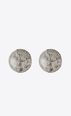 YSL Rhinestone Sphere Earrings In Metal Oxidized Silver And Crystal | IYKBO8301