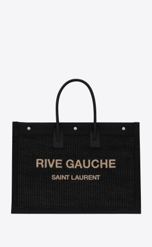 YSL Rive Gauche Large Tote Bag In Embroidered Raffia And Leather Noir | TISPQ5680