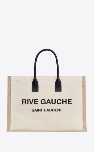 YSL Rive Gauche Large Tote Bag In Printed Canvas And Leather Lin Blanc | PYCLE2178