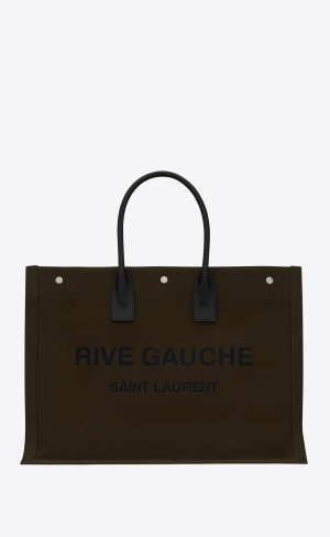 YSL Rive Gauche Large Tote Bag In Printed Canvas And Leather Dark Kaki | RWOUC3174