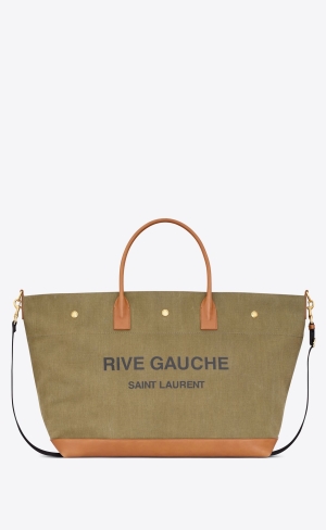 YSL Rive Gauche Maxi Shopping Bag In Canvas And Vegetable-tanned Leather Khaki And Brick | KWONS1203