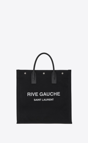 YSL Rive Gauche North/South Tote Bag In Printed Canvas And Leather Noir Et Blanc | KJIHG0249