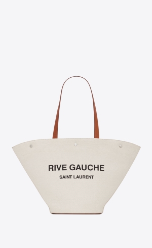 YSL Rive Gauche Tote Bag In Canvas And Vintage Leather Grege, Black And Dark Brick | KZOTI3104