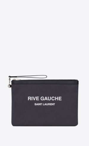 YSL Rive Gauche Zipped Pouch In Canvas And Leather Storm And Black | VFGBN0361