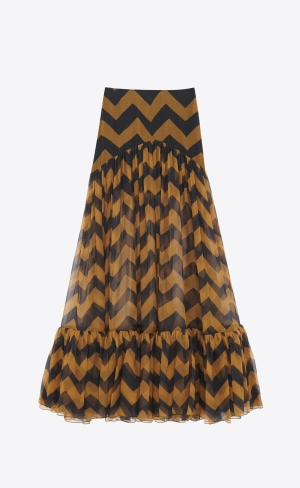 YSL Ruffled Long Skirt In Chevron Silk Paille Et Noir | LFDCN6942