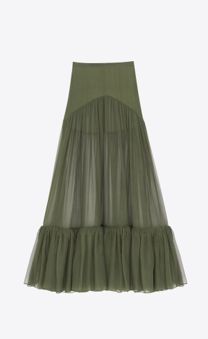 YSL Ruffled Long Skirt In Silk Khaki | YOPLQ9568