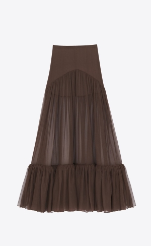 YSL Ruffled Long Skirt In Silk Marron Fonce | YZQNE4150