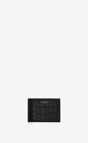 YSL Saint Laurent Paris Bill Clip Wallet In Crocodile-embossed Leather Black | QWOTL0846