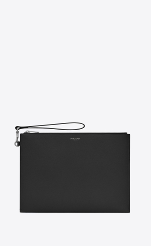 YSL Saint Laurent Paris Zipped Tablet Holder In Grain De Poudre-embossed Leather Noir | FAOIB7149