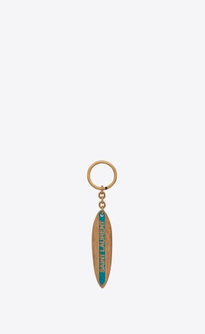 YSL Saint Laurent Surf Keyring In Wood Natural And Green | OWCMB4657