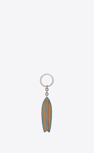 YSL Saint Laurent Surf Keyring In Wood Natural And Blue | RWECG8235