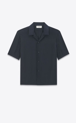 YSL Shark-collar Shirt In Matte And Shiny Striped Silk Bleu Nuit | NJAHW6705