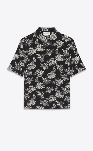 YSL Shirt In Origami Print Silk Noir Craie Gris | OWZDA9546