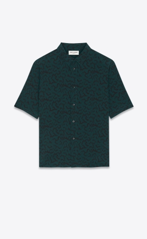 YSL Shirt In Printed Crepe De Chine Vert Noir | RNIKO7812