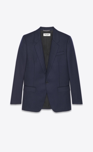 YSL Single-breasted Jacket In Tennis Striped Wool Marine Et Craie | UEDKN1495