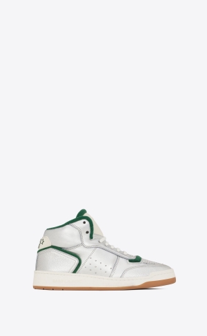 YSL Sl/80 Mid-top Sneakers In Metallic And Smooth Leather Argent Et Dark Emerald Green | LZPIQ9103