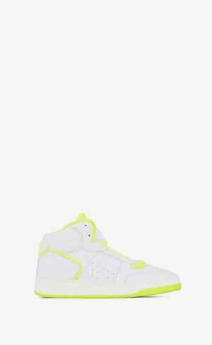 YSL Sl/80 Mid-top Sneakers In Smooth And Grained Leather Blanc Optique Et Jaune Fluo | FDOBP0921