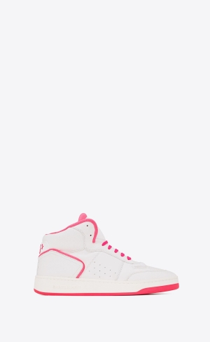 YSL Sl/80 Mid-top Sneakers In Smooth And Grained Leather Blanc Optique Et Rose Fluo | SQXNI8597