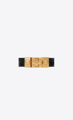 YSL Studded Closure Bracelet In Crocodile-embossed Leather And Metal Black And Antique Gold | VAFET2460