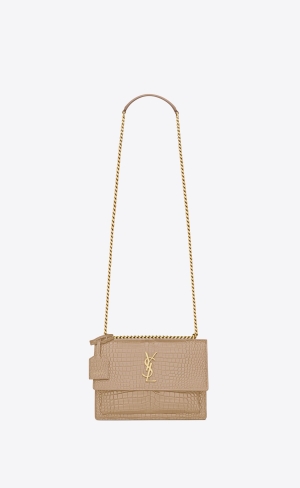 YSL Sunset Medium Chain Bag In Crocodile-embossed Shiny Leather Dark Beige | QUGSB9186