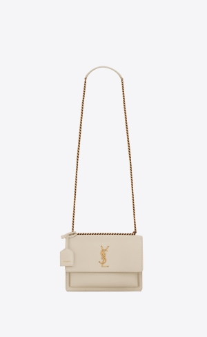 YSL Sunset Medium Chain Bag In Smooth Leather Blanc Vintage | PDXKO7891