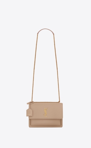 YSL Sunset Medium Chain Bag In Smooth Leather Dark Beige | XLRGQ6279