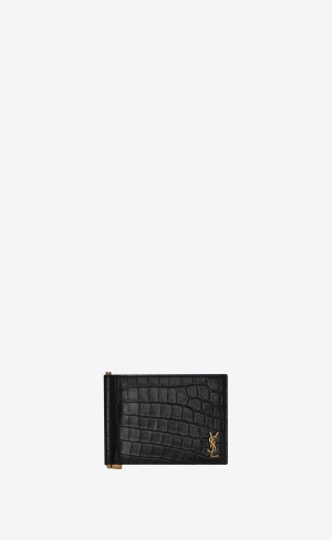 YSL Tiny Cassandre Bill Clip Wallet In Crocodile-embossed Matte Leather Black | TFCDZ9064