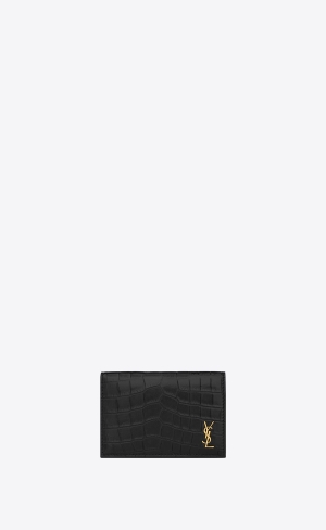 YSL Tiny Cassandre Business Card Case In Crocodile-embossed Leather Black | WFIPQ5817