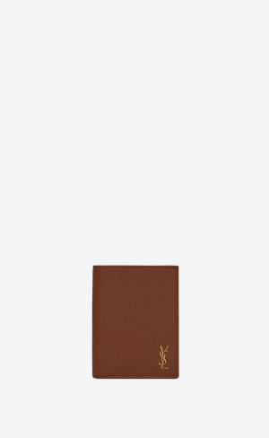 YSL Tiny Cassandre Credit Card Wallet In Grained Leather Toasted Brown | QXAIM3160