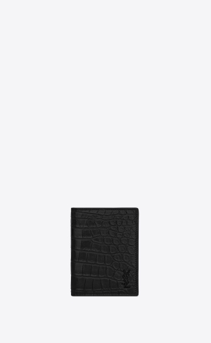 YSL Tiny Cassandre Credit Card Wallet In Crocodile-embossed Matte Leather Black | UNXTQ1593