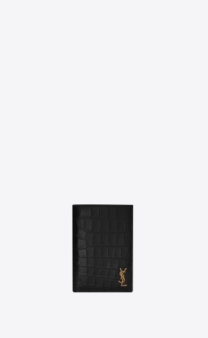 YSL Tiny Cassandre Credit Card Wallet In Crocodile-embossed Matte Leather Black | ZXJWH3460