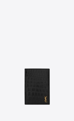 YSL Tiny Cassandre Passport Case In Crocodile-embossed Leather Black | KYOPA8163