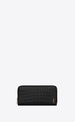 YSL Tiny Cassandre Zip-around Wallet In Crocodile-embossed Matte Leather Black | DSJRM7094