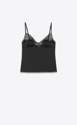 YSL Top In Crepe Satin And Lace Noir | JLHEP9651